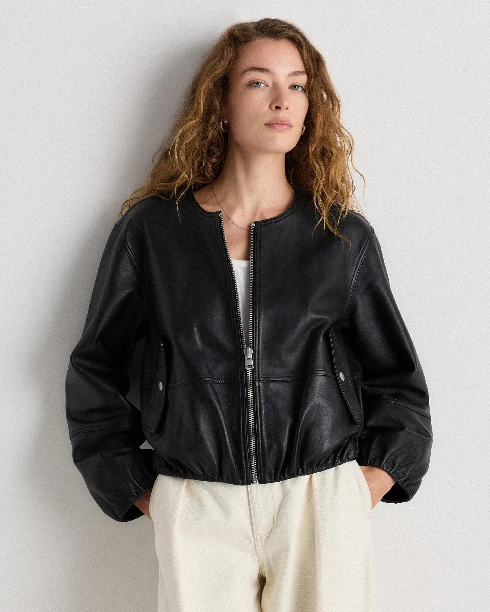 100% Leather Collarless Cropped Bubble Hem Jacket