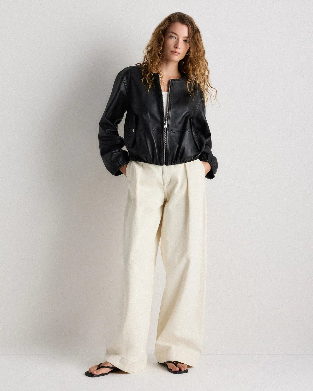 100% Leather Collarless Cropped Bubble Hem Jacket