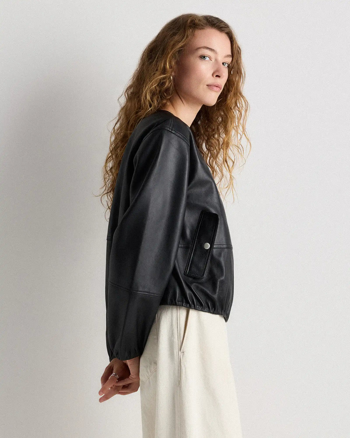 100% Leather Collarless Cropped Bubble Hem Jacket