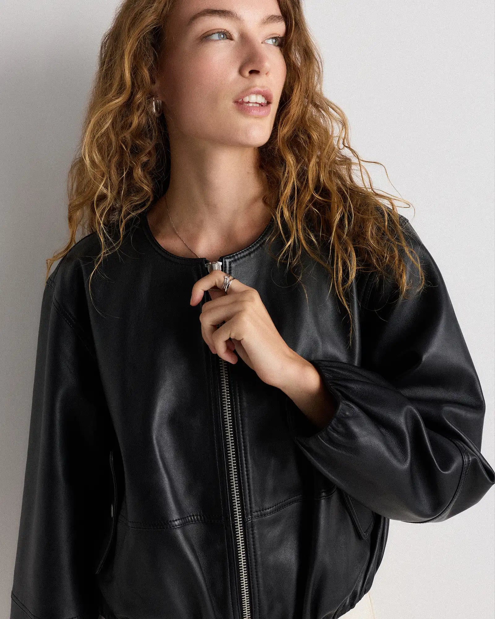 100% Leather Collarless Cropped Bubble Hem Jacket