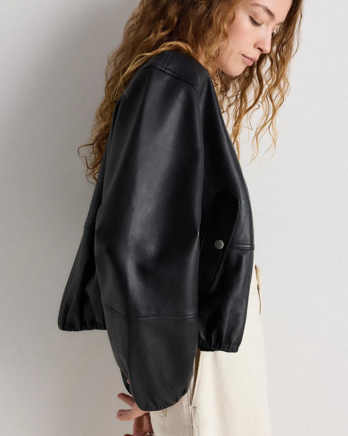100% Leather Collarless Cropped Bubble Hem Jacket