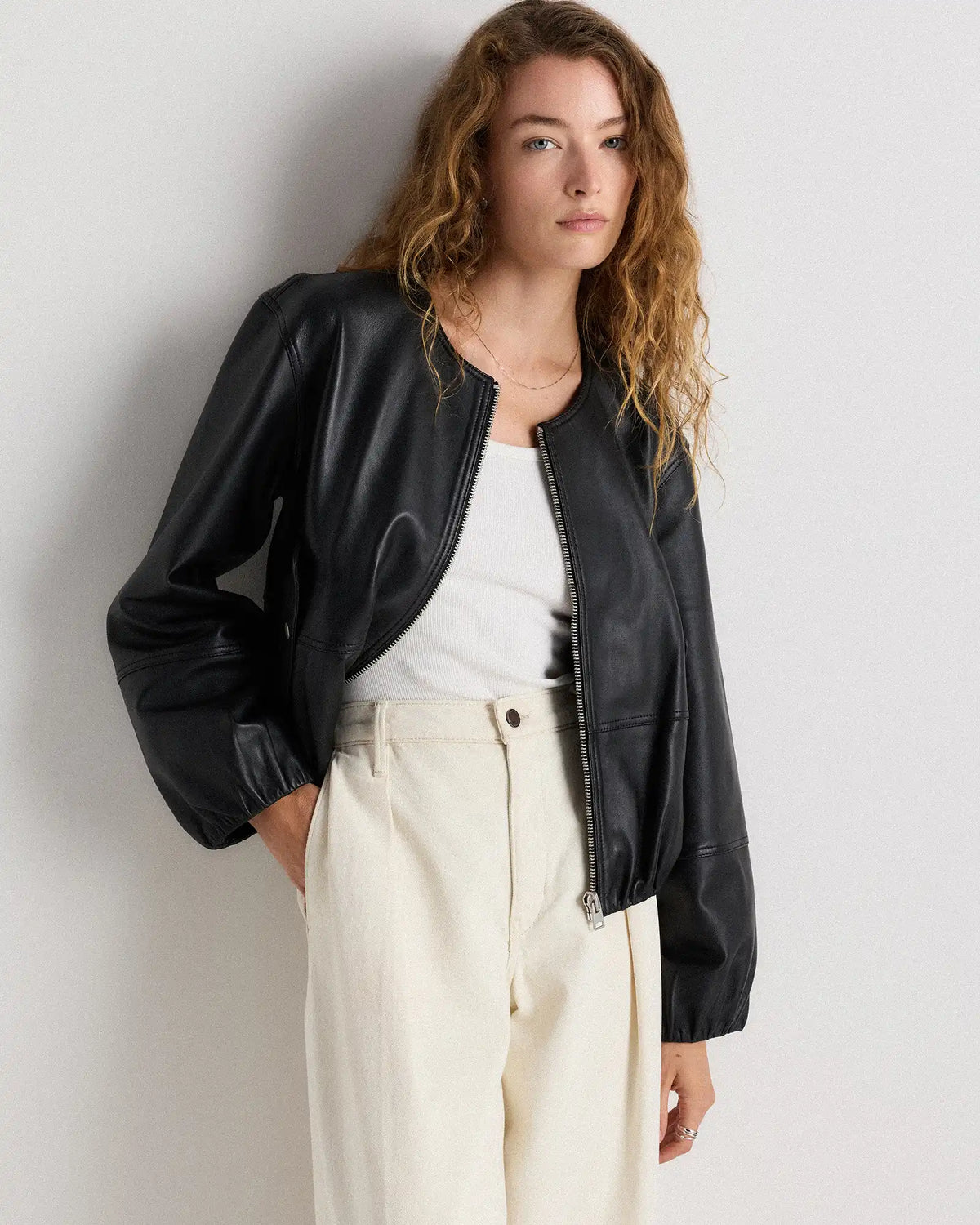 100% Leather Collarless Cropped Bubble Hem Jacket