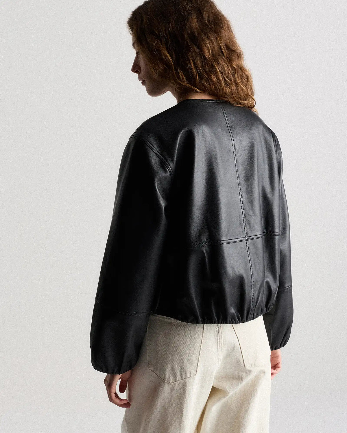 100% Leather Collarless Cropped Bubble Hem Jacket