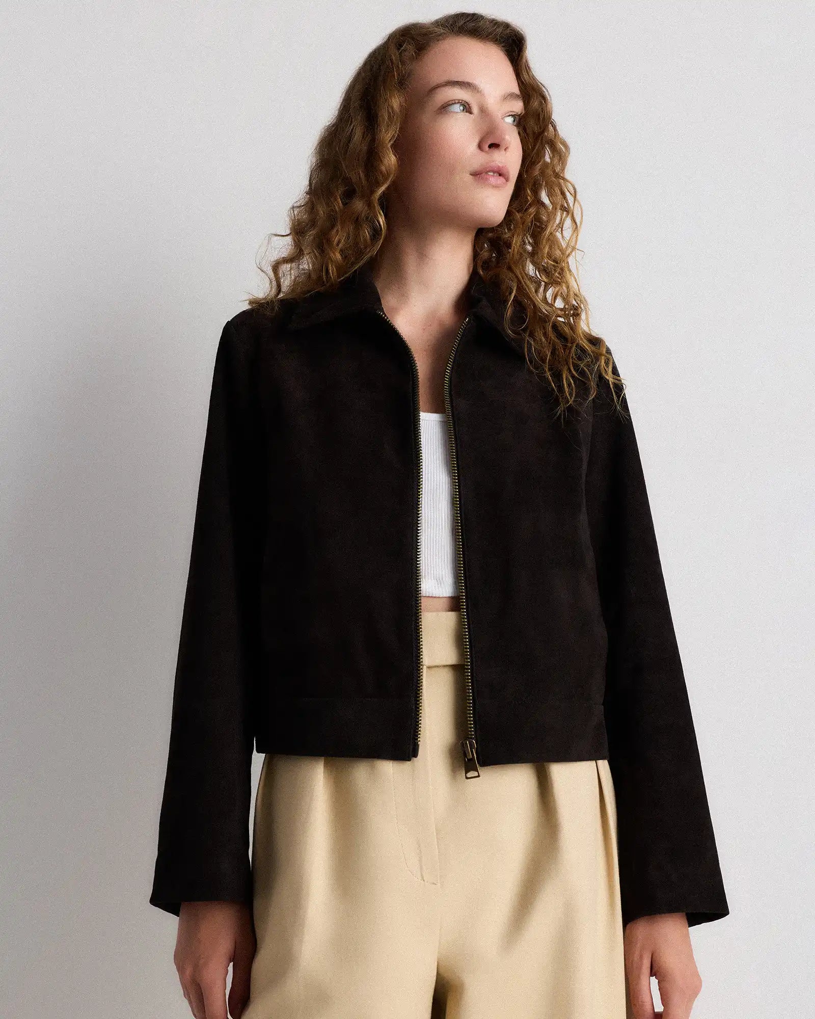 100% Suede Cropped Zip-Front Jacket