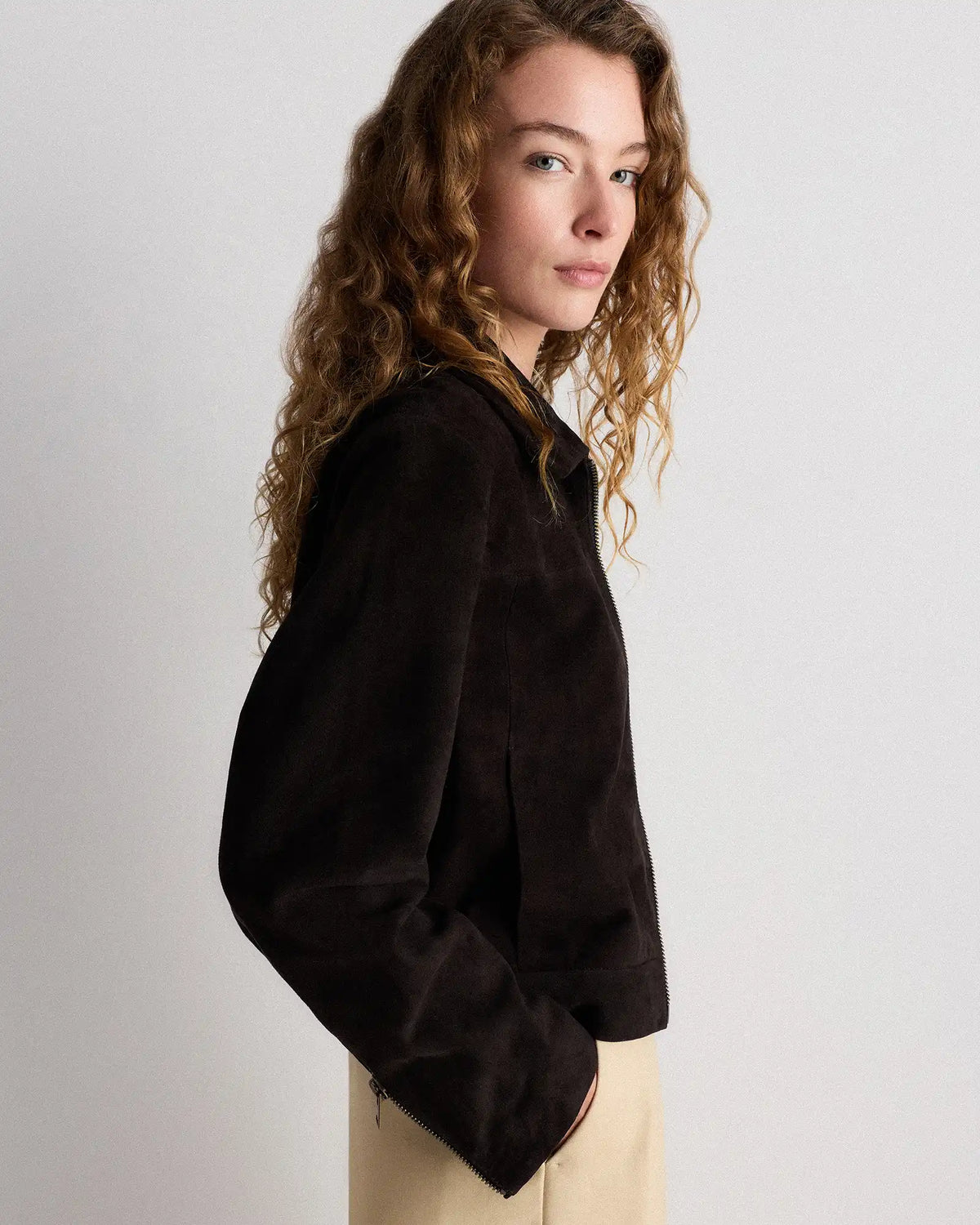 100% Suede Cropped Zip-Front Jacket
