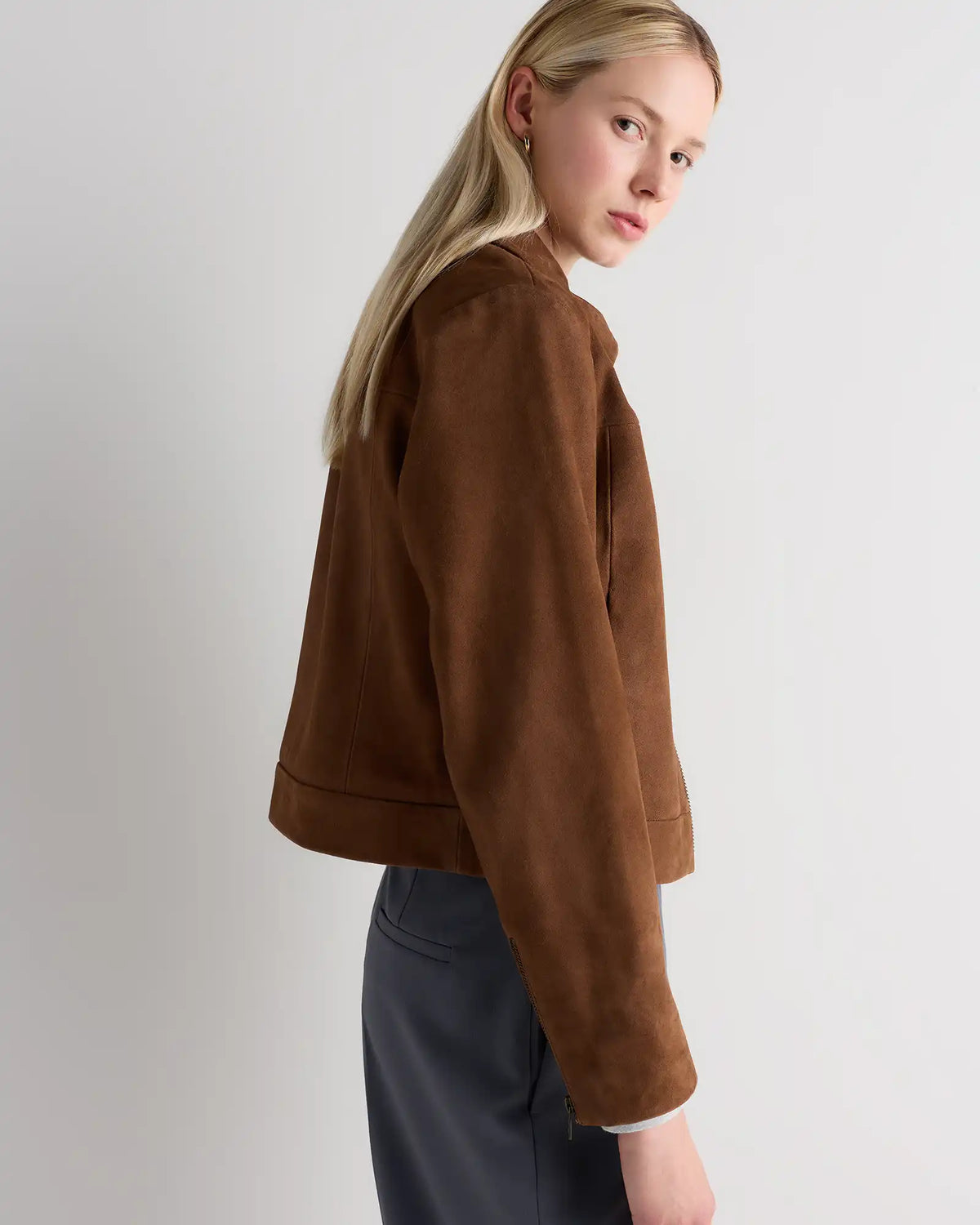 100% Suede Cropped Zip-Front Jacket