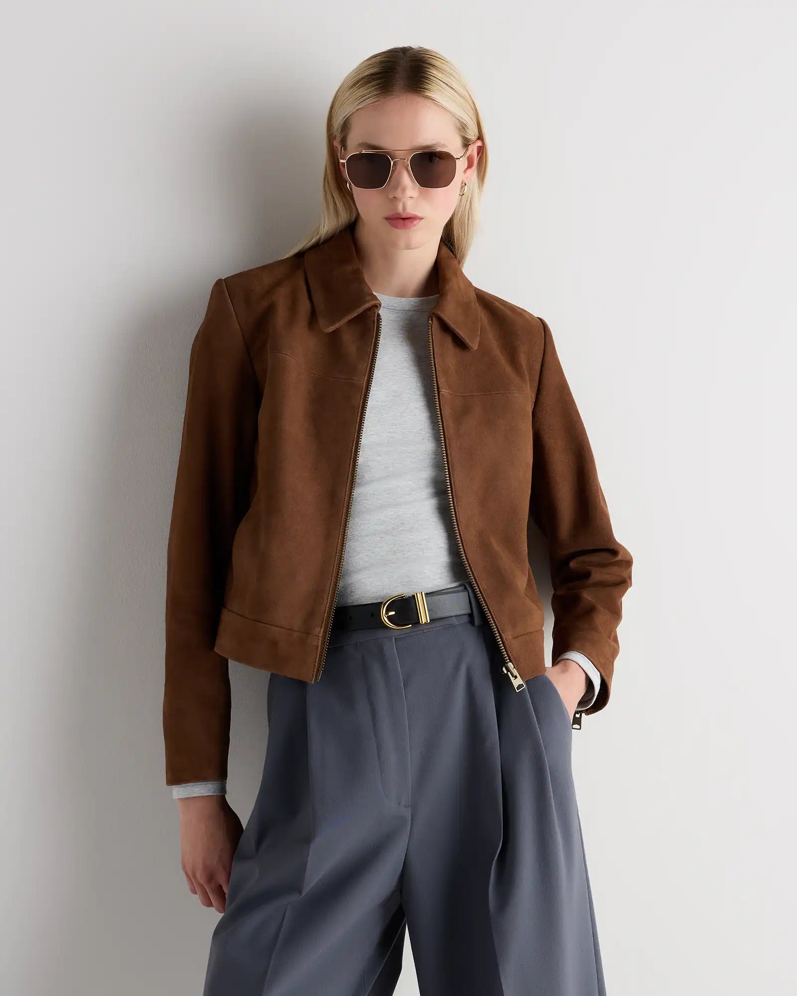 100% Suede Cropped Zip-Front Jacket