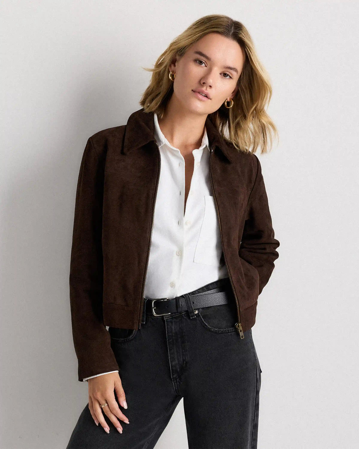 100% Suede Cropped Zip-Front Jacket