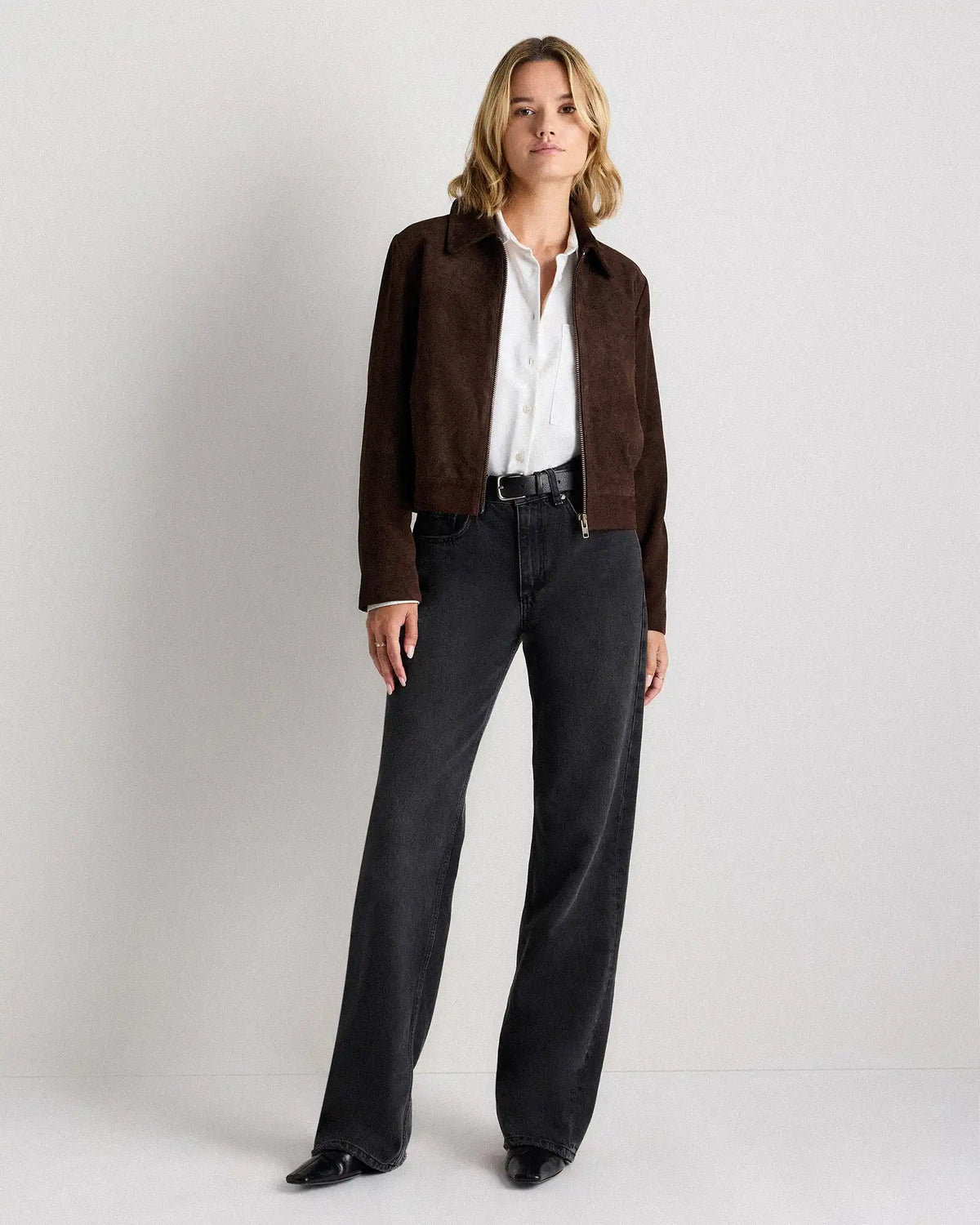 100% Suede Cropped Zip-Front Jacket