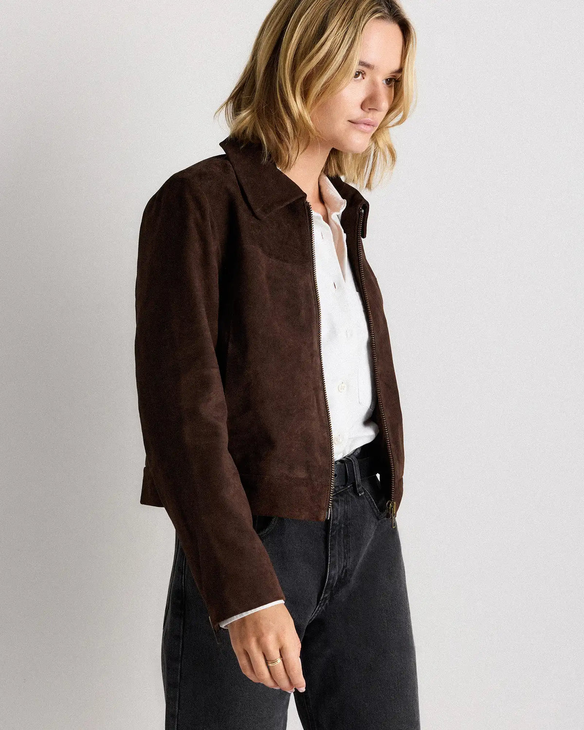 100% Suede Cropped Zip-Front Jacket
