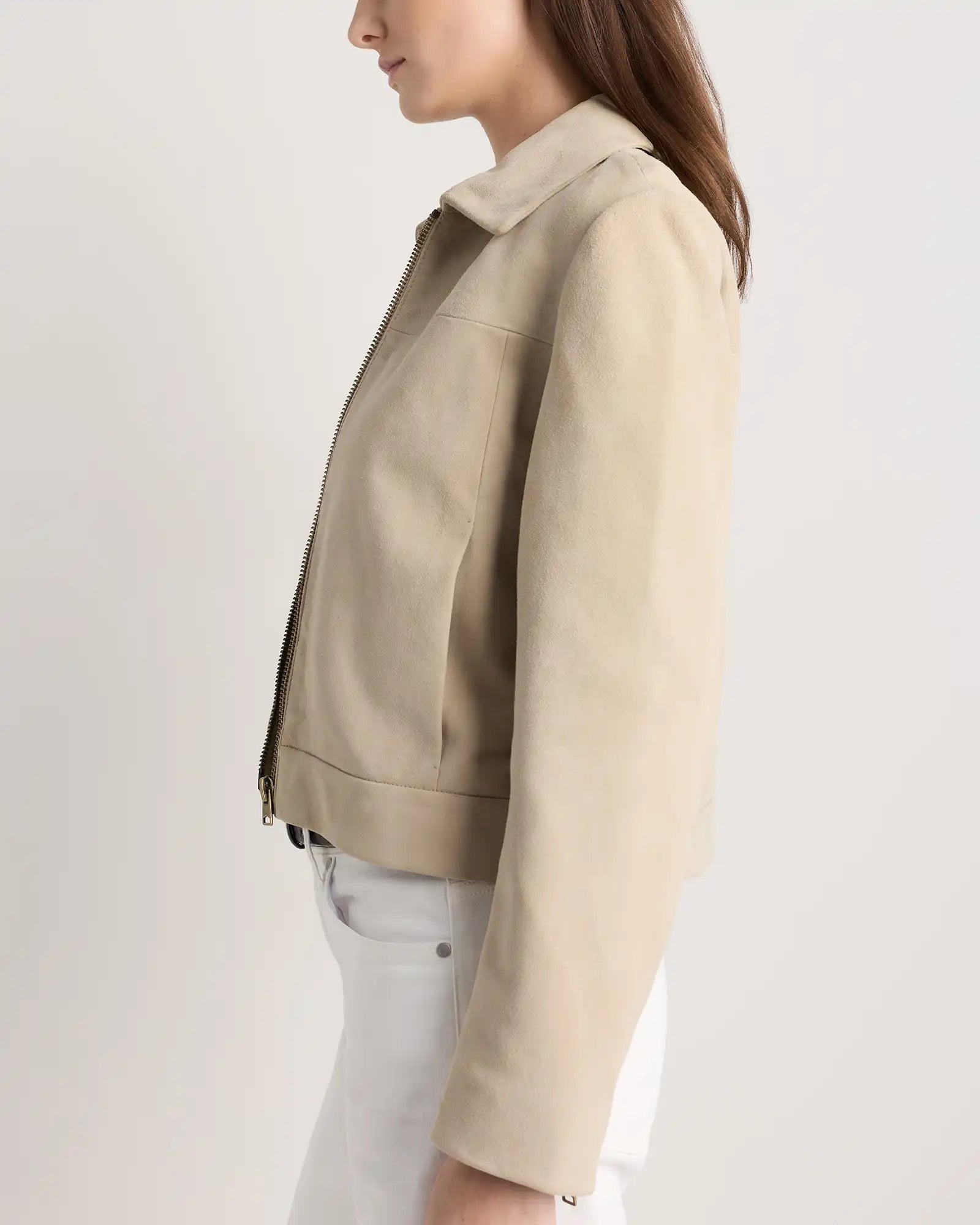 100% Suede Cropped Zip-Front Jacket