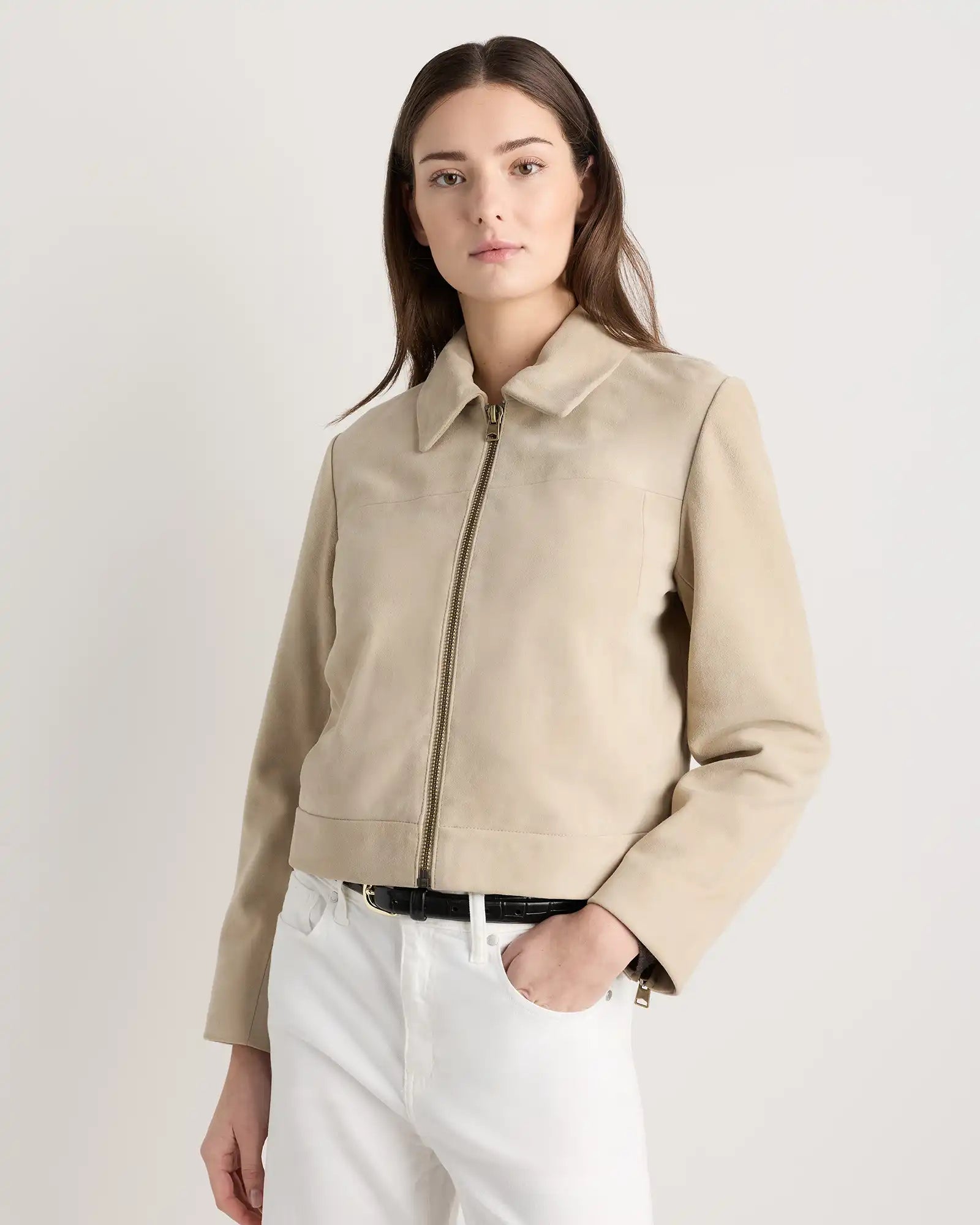 100% Suede Cropped Zip-Front Jacket