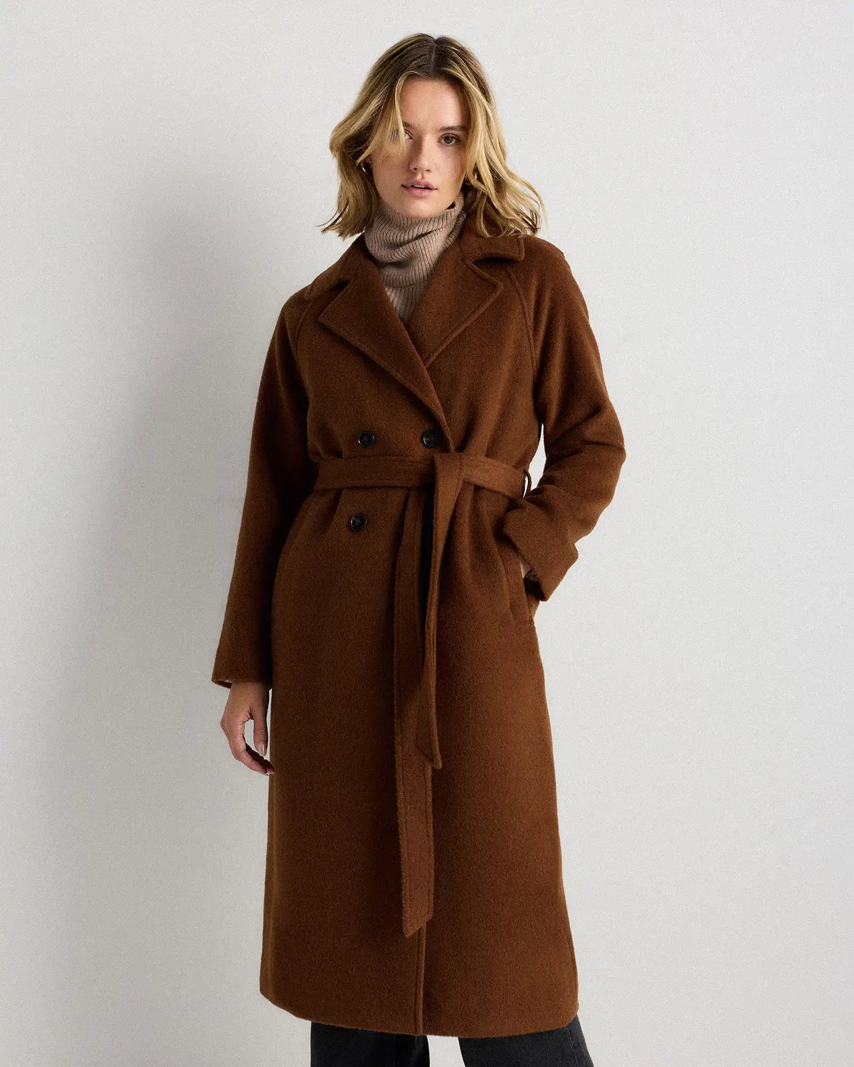 Camel Hair Double-Breasted Long Wrap Coat