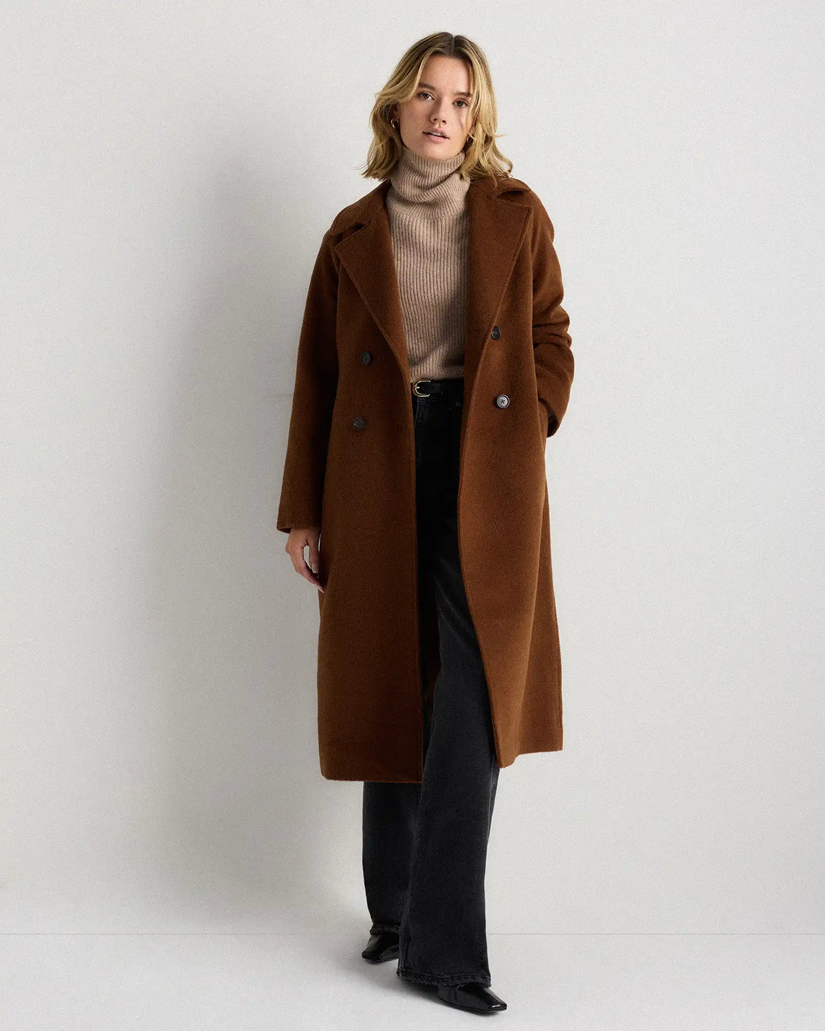Camel Hair Double-Breasted Long Wrap Coat