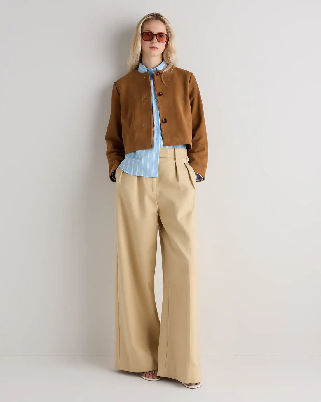 100% Suede Collarless Cropped Jacket