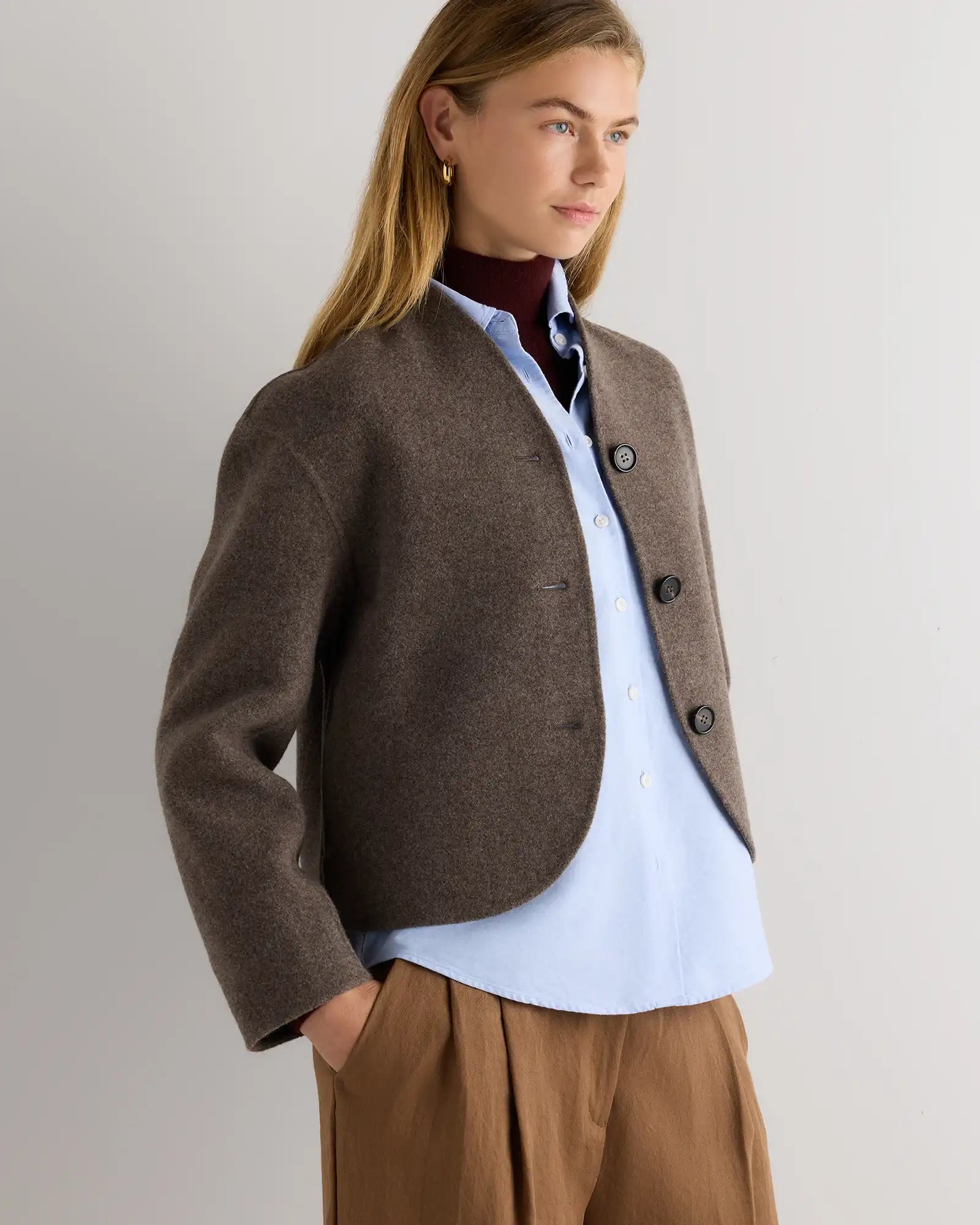 Double-Faced Merino Wool Collarless Cropped Jacket