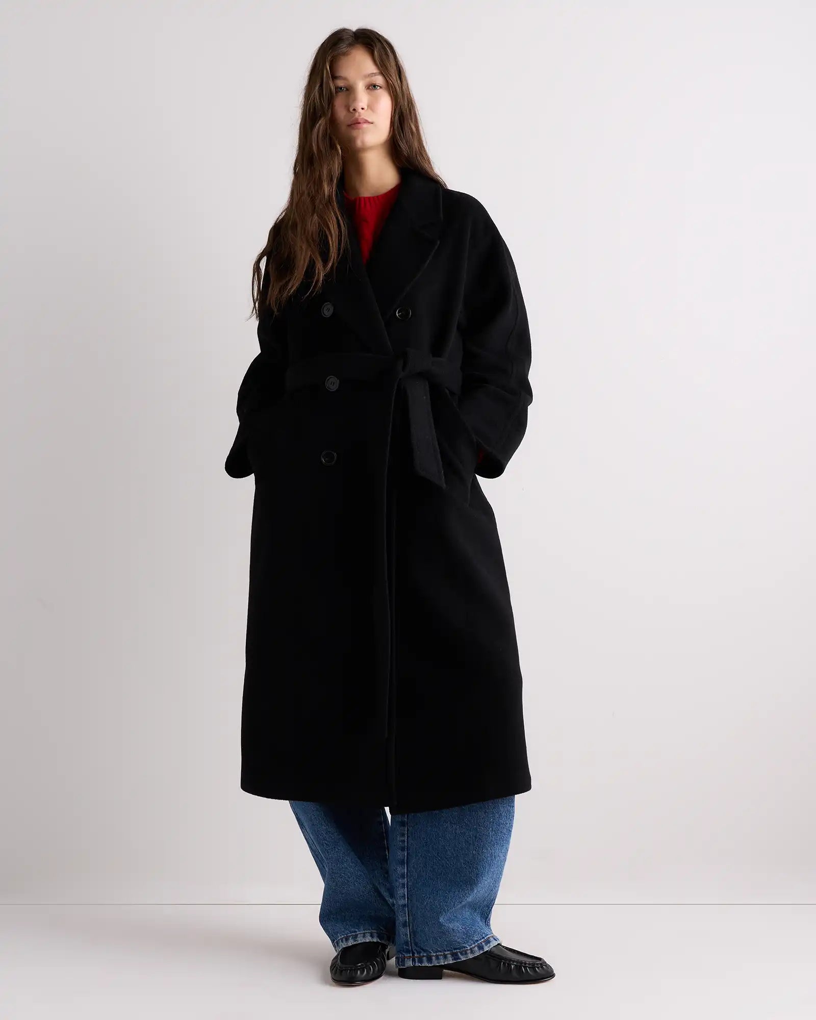 Wool Cashmere Double-Breasted Belted Long Coat