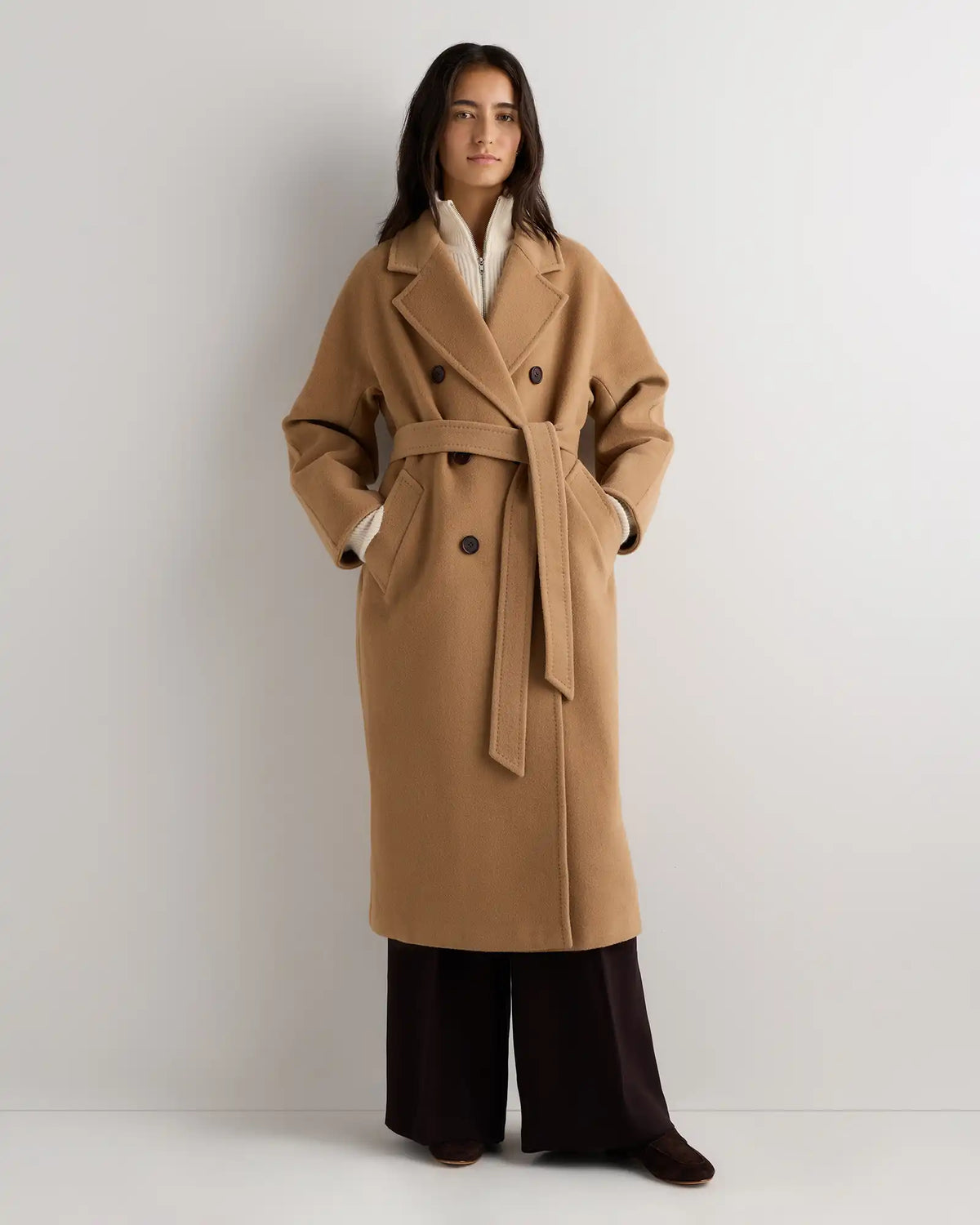 Wool Cashmere Double-Breasted Belted Long Coat