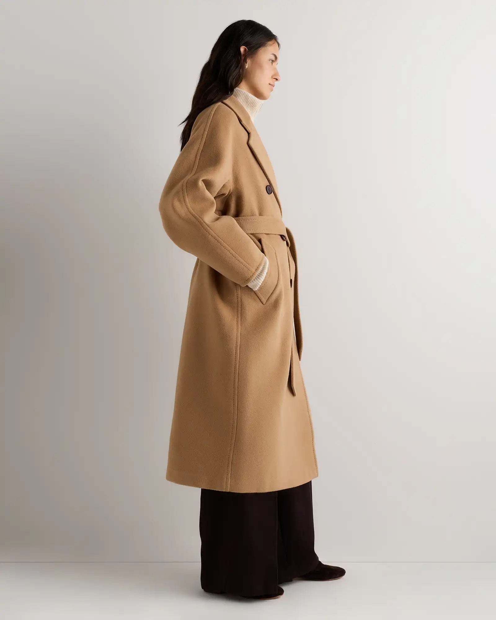 Wool Cashmere Double-Breasted Belted Long Coat