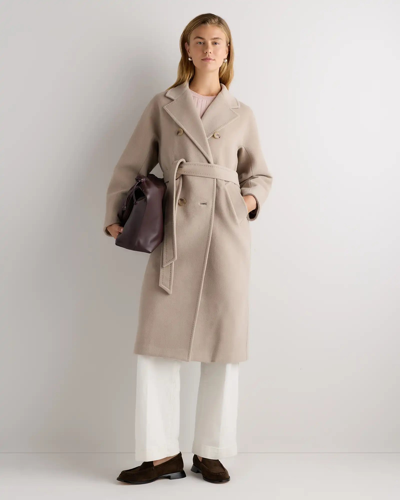 Wool Cashmere Double-Breasted Belted Long Coat