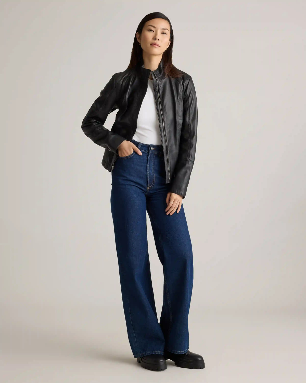 100% Leather Stand-Collar Jacket