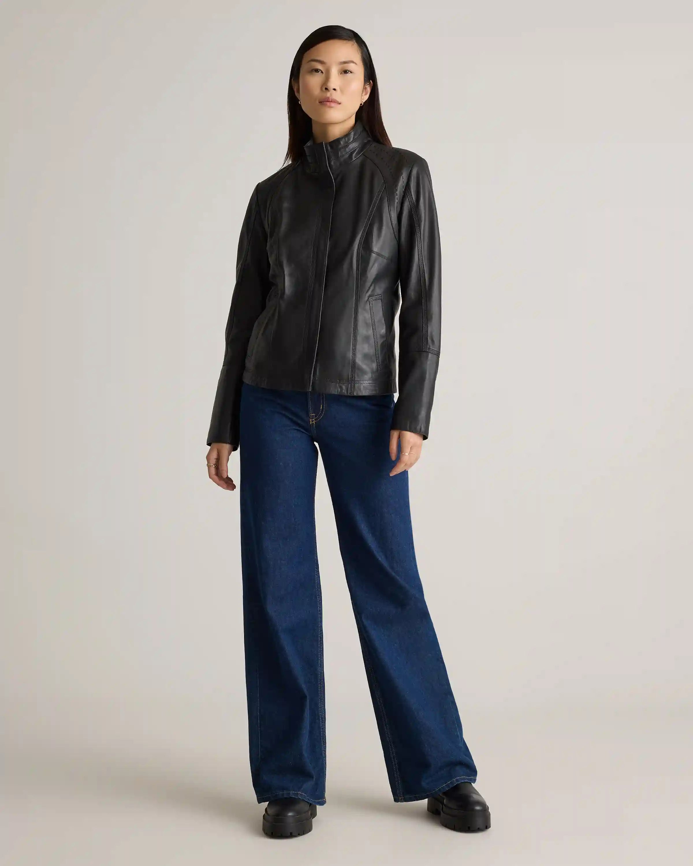 100% Leather Stand-Collar Jacket