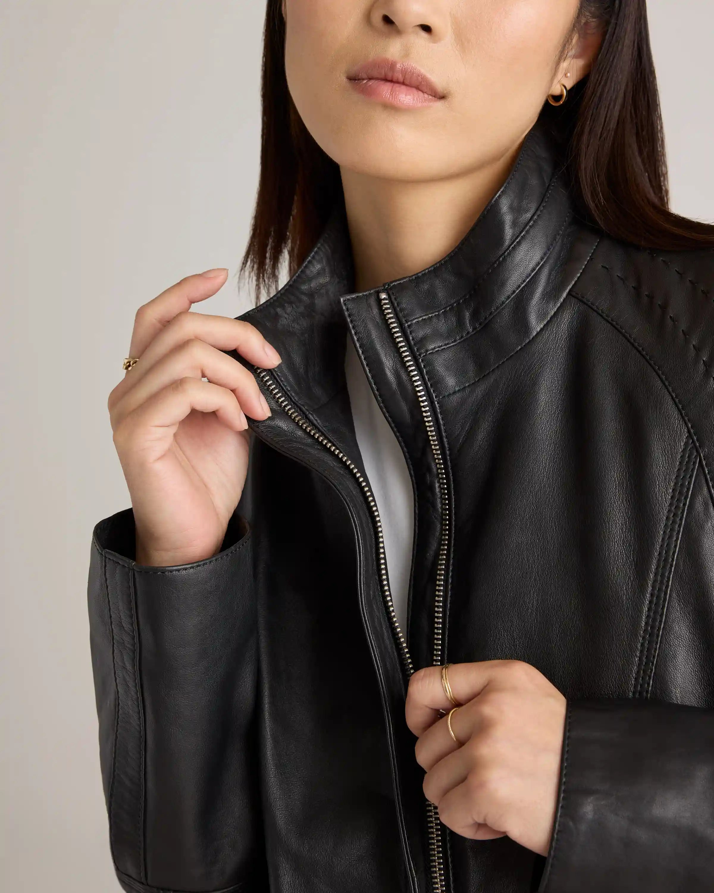 100% Leather Stand-Collar Jacket