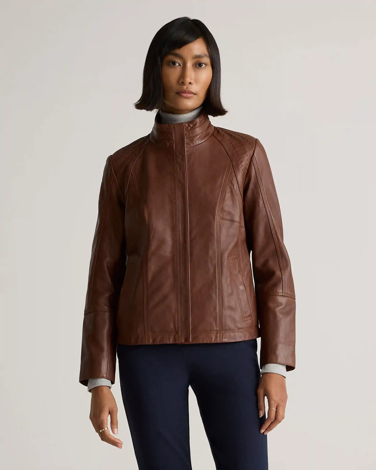 100% Leather Stand-Collar Jacket