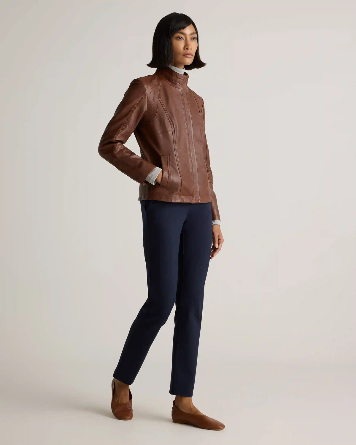 100% Leather Stand-Collar Jacket