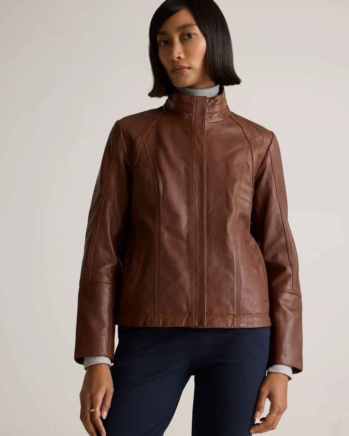 100% Leather Stand-Collar Jacket