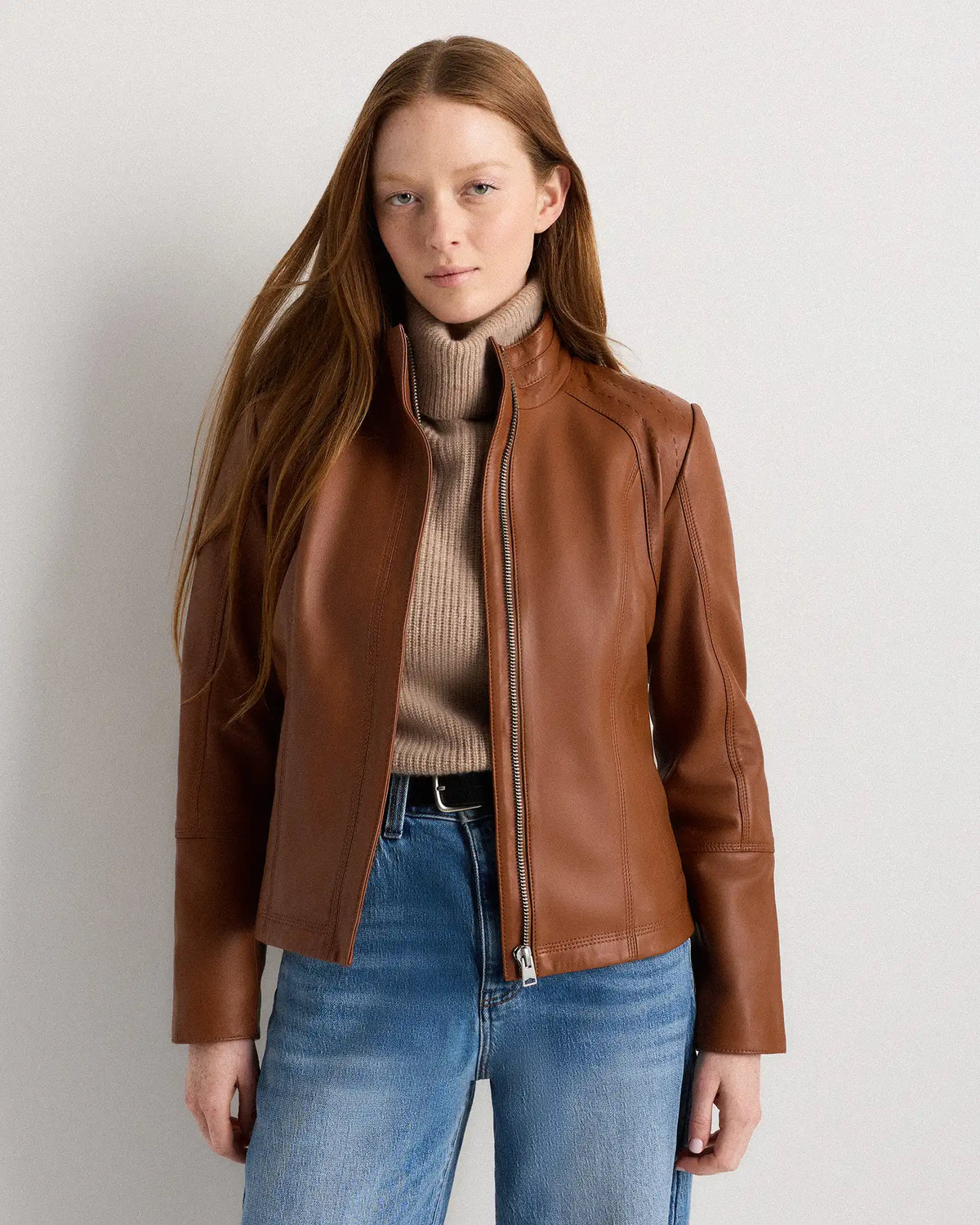 100% Leather Stand-Collar Jacket