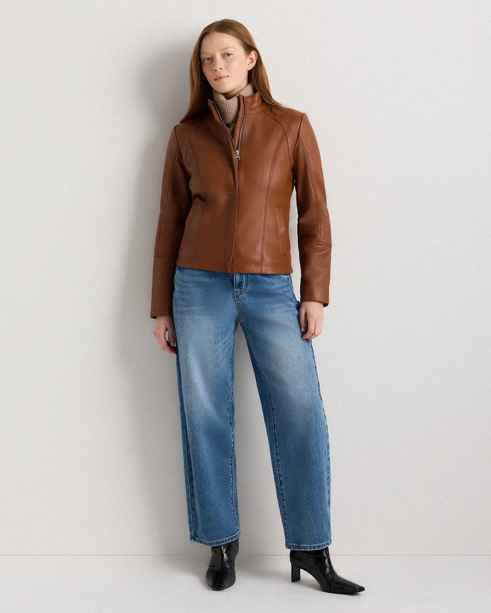 100% Leather Stand-Collar Jacket