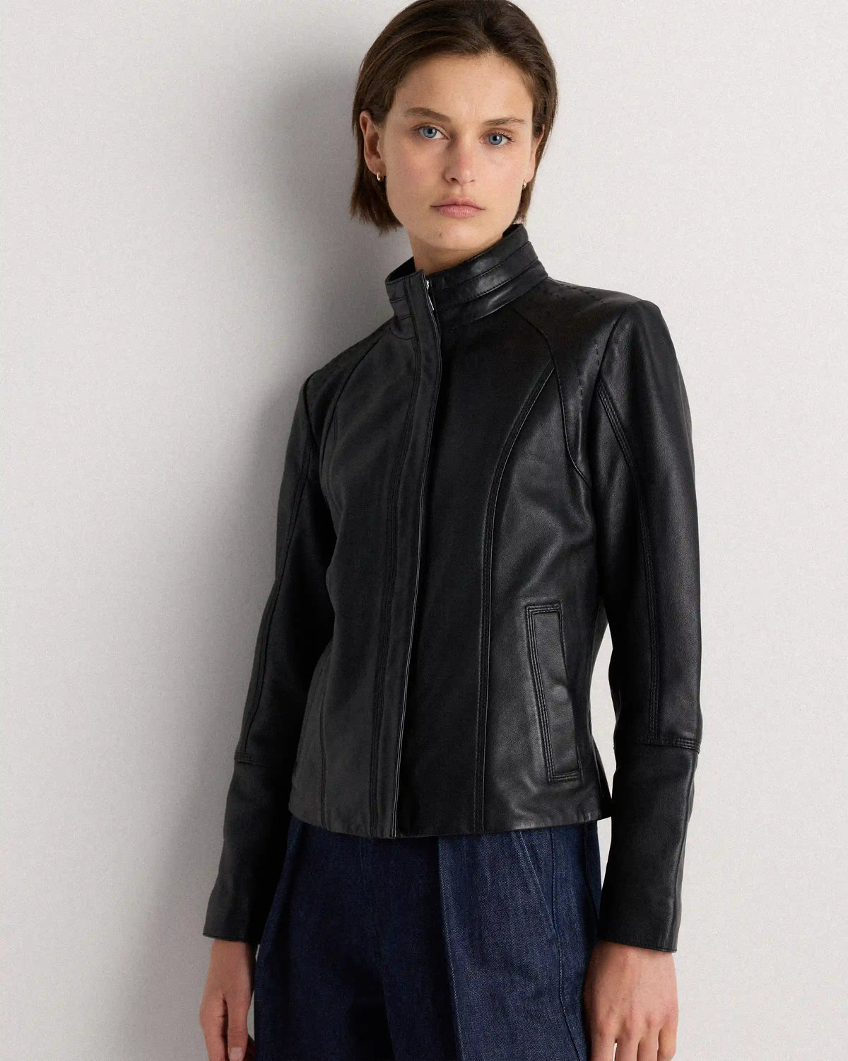 100% Leather Stand-Collar Jacket