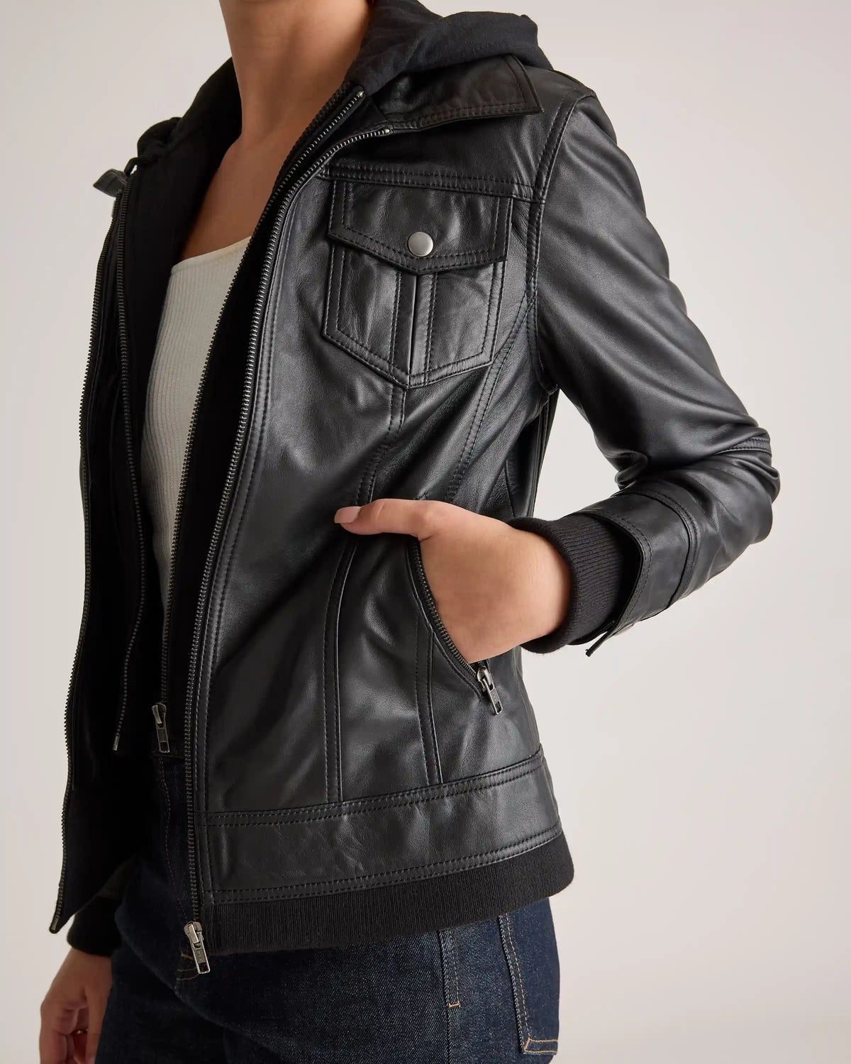 100% Leather Jacket with Hood