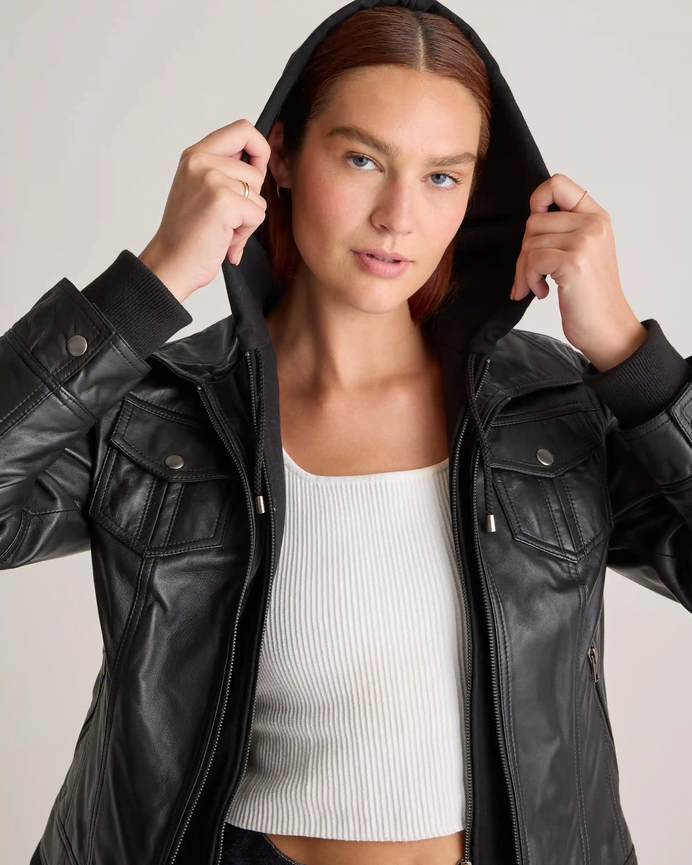 100% Leather Jacket with Hood