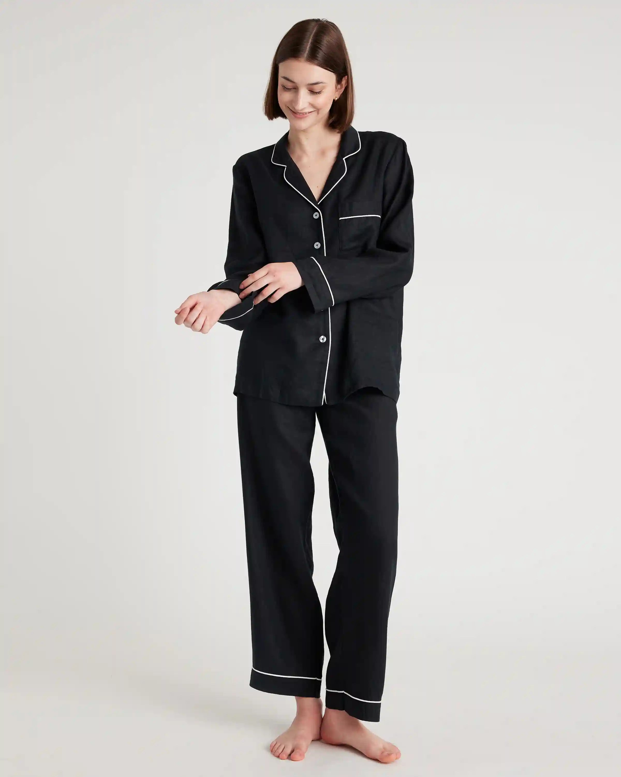 100% European Linen Long Sleeve Pajama Set with Piping