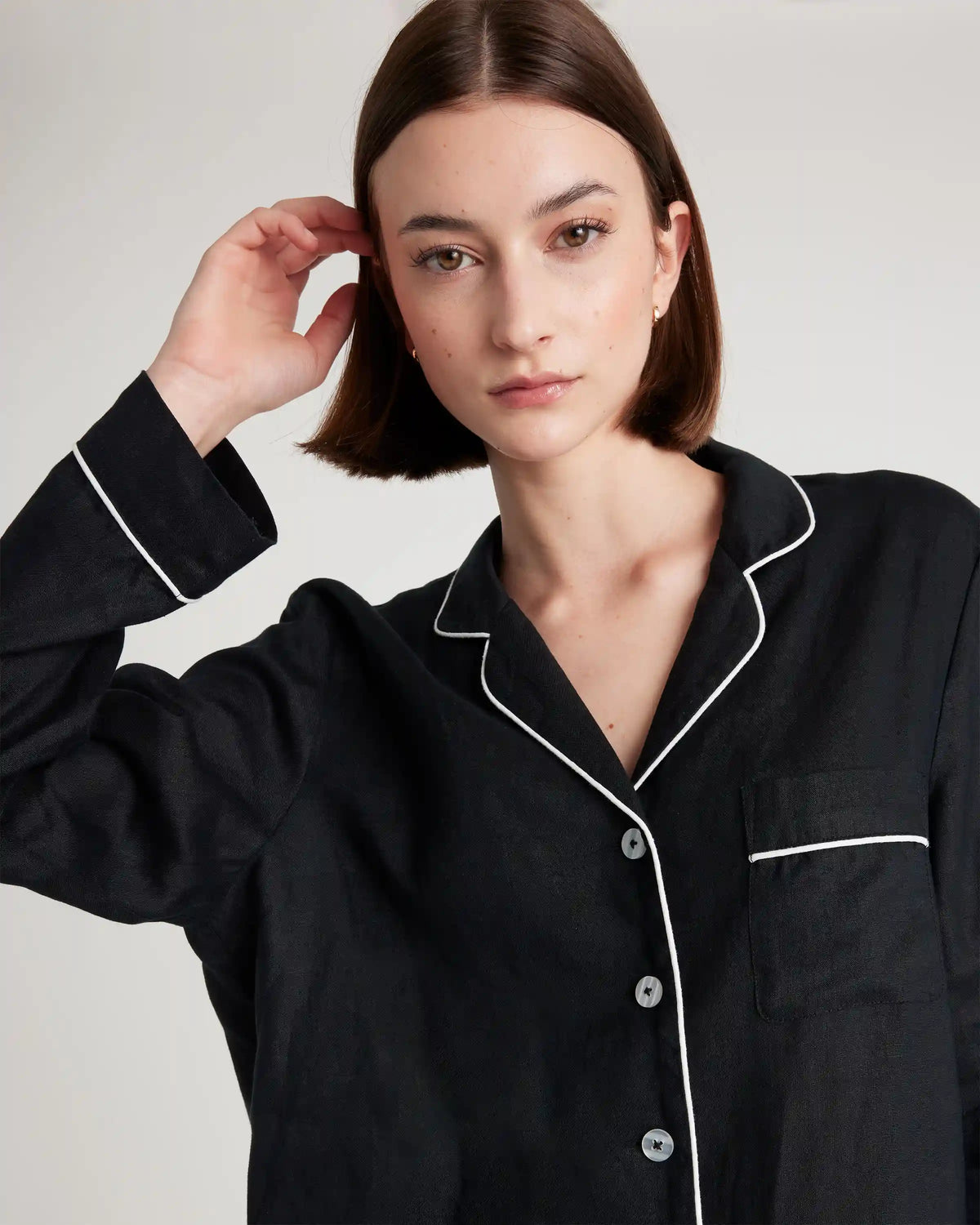 100% European Linen Long Sleeve Pajama Set with Piping