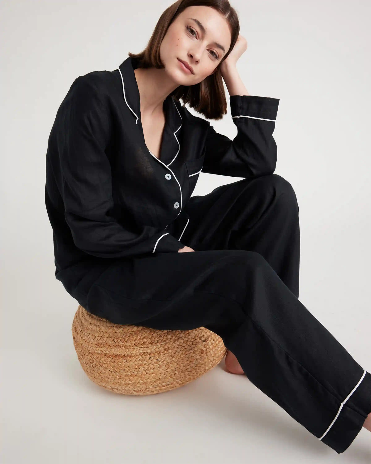 100% European Linen Long Sleeve Pajama Set with Piping