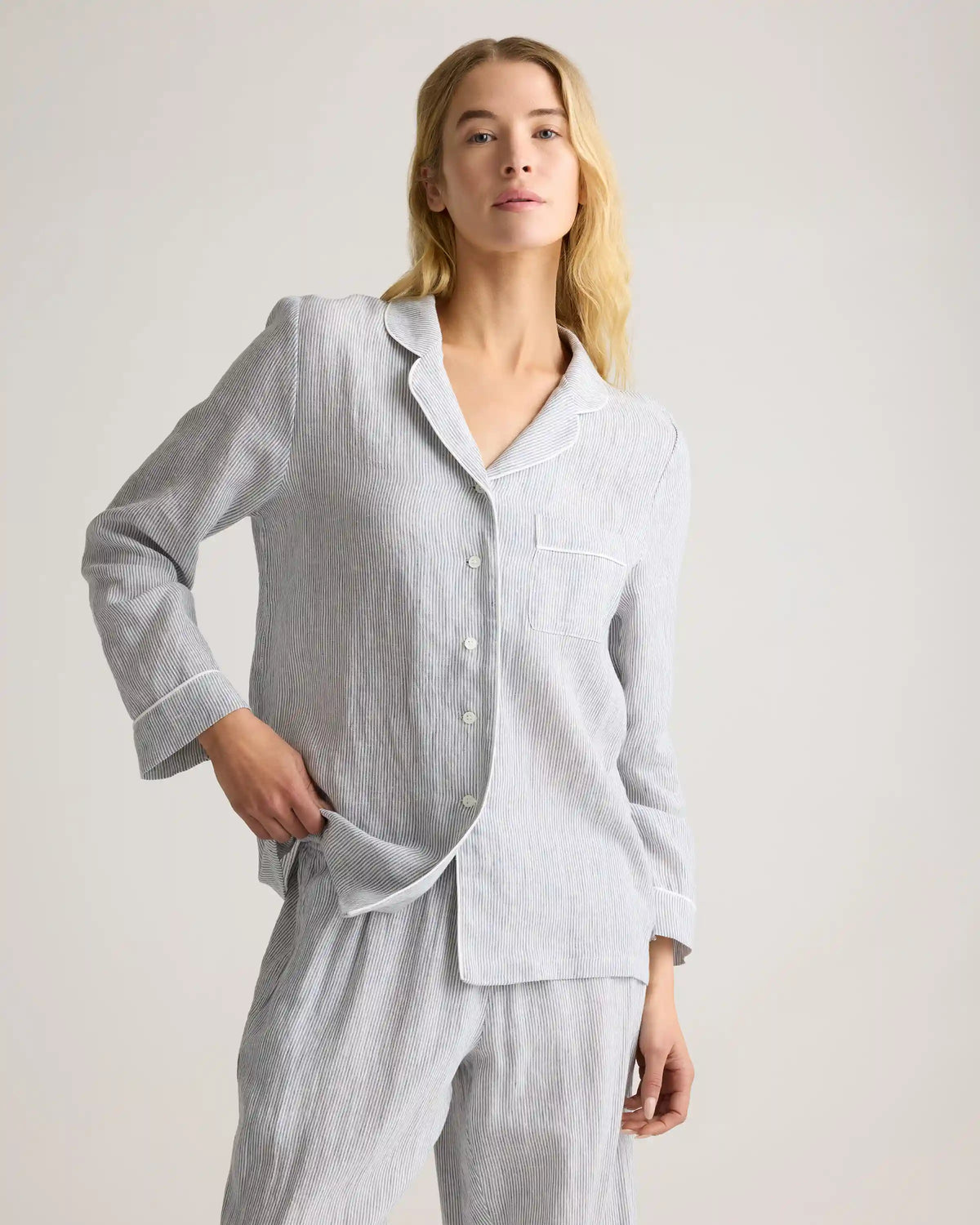 100% European Linen Long Sleeve Pajama Set with Piping