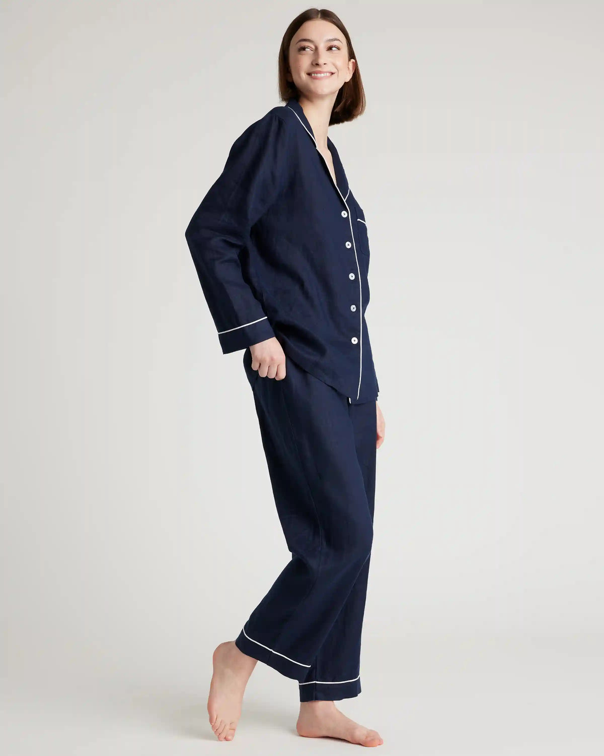 100% European Linen Long Sleeve Pajama Set with Piping