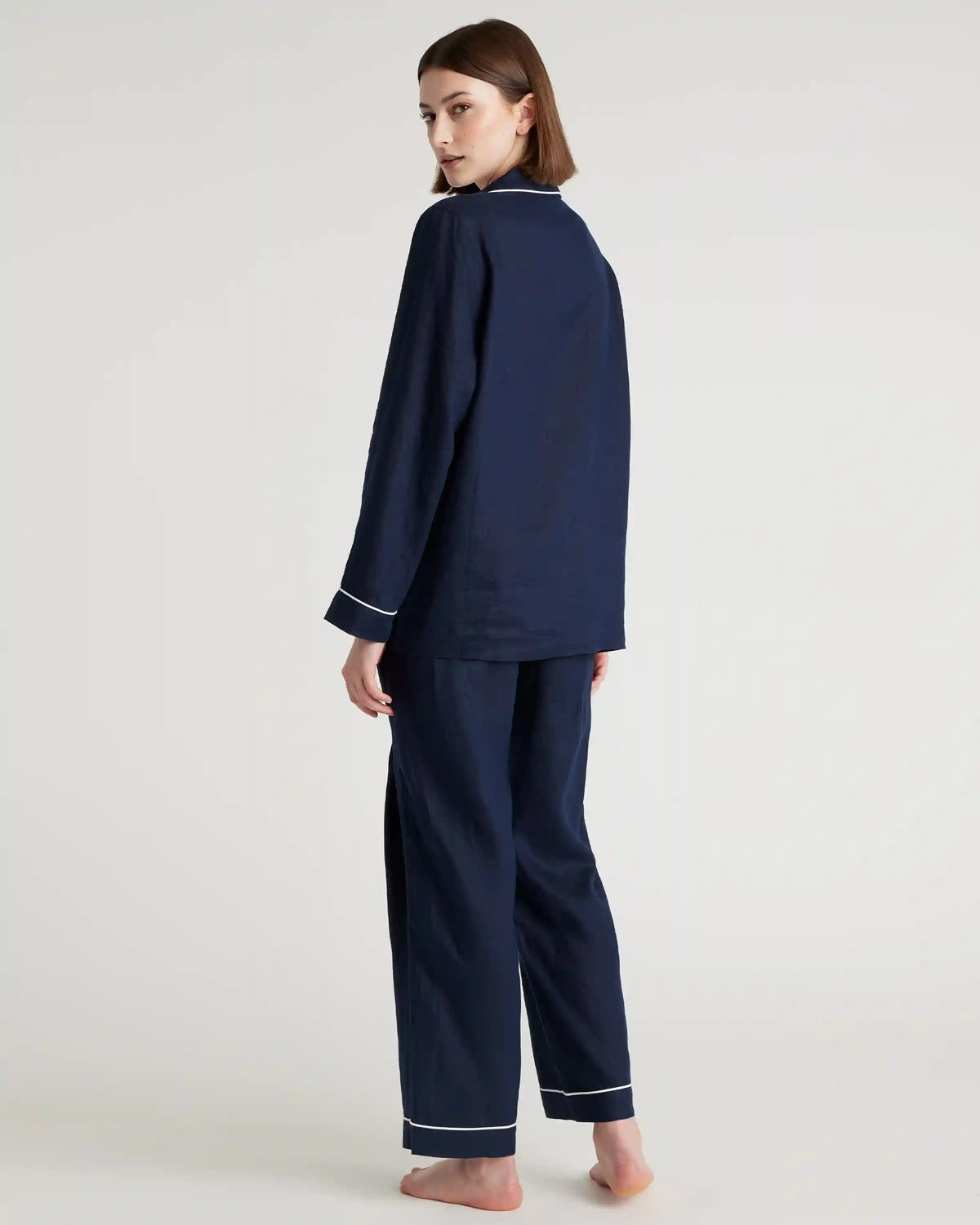 100% European Linen Long Sleeve Pajama Set with Piping