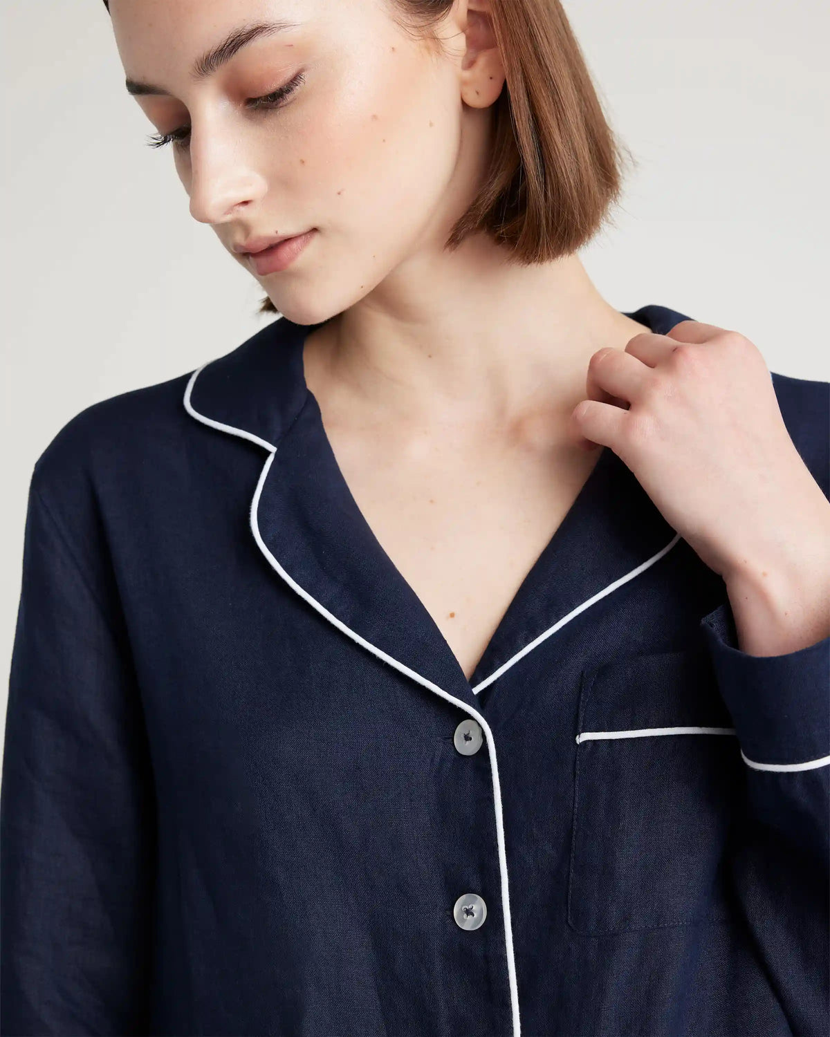 100% European Linen Long Sleeve Pajama Set with Piping