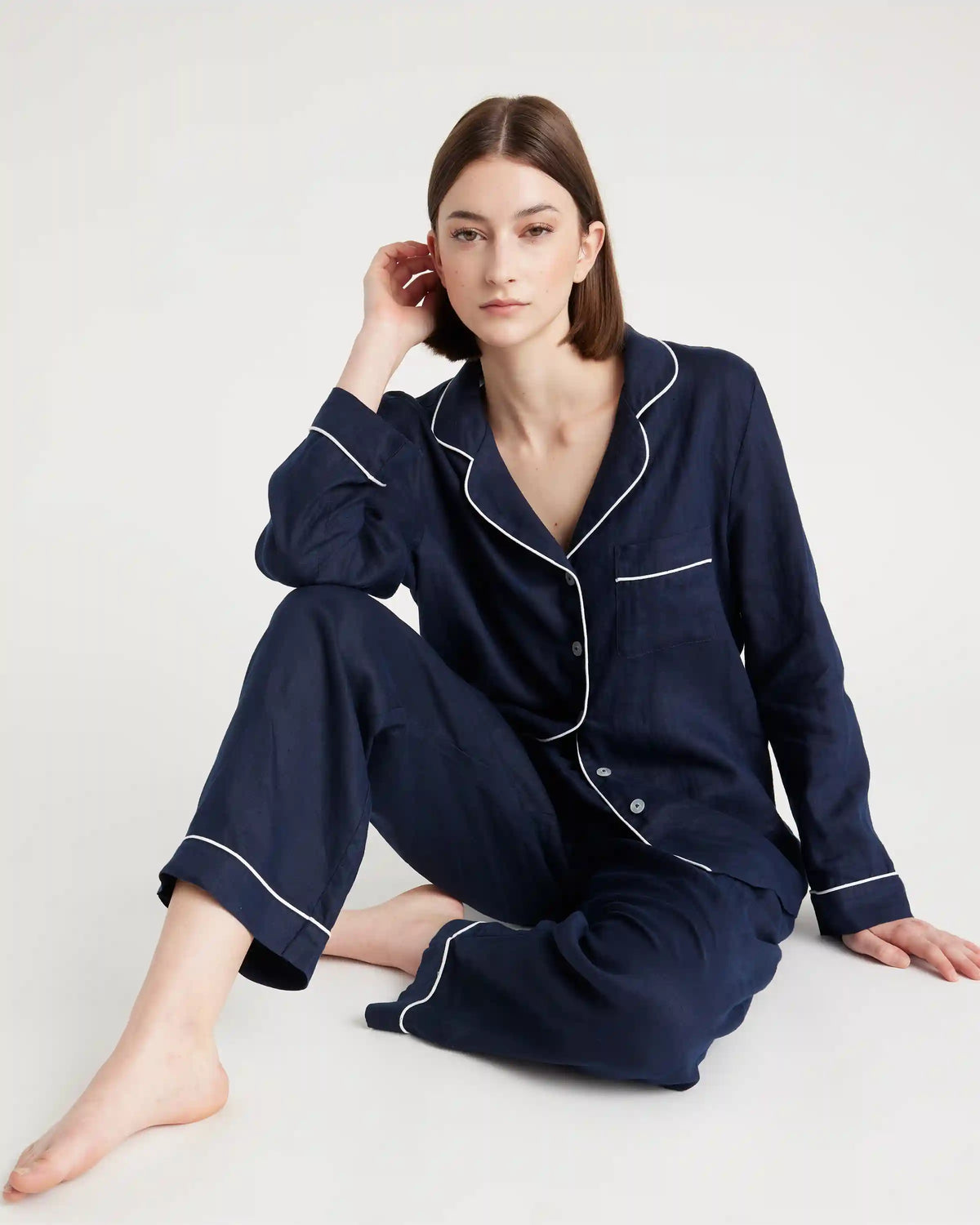 100% European Linen Long Sleeve Pajama Set with Piping
