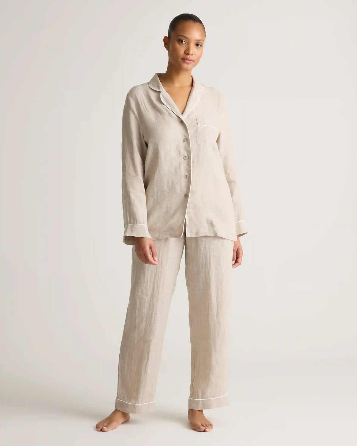 100% European Linen Long Sleeve Pajama Set with Piping