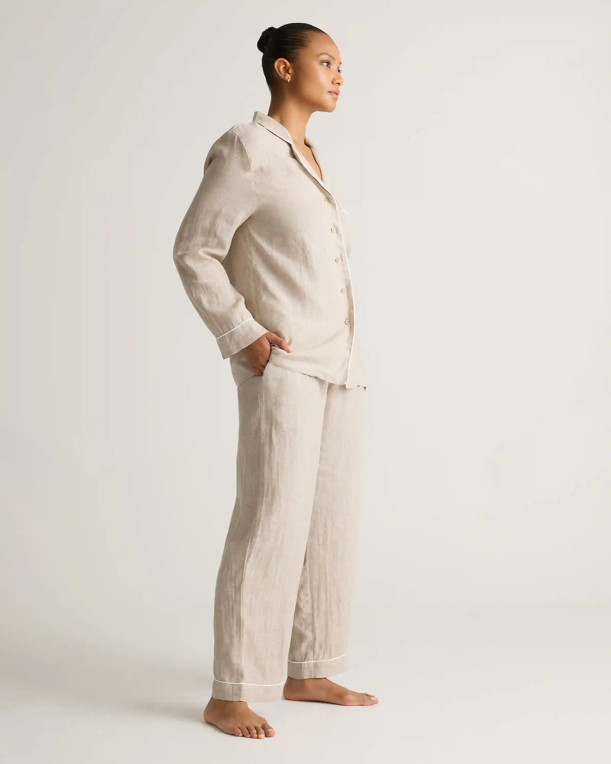 100% European Linen Long Sleeve Pajama Set with Piping