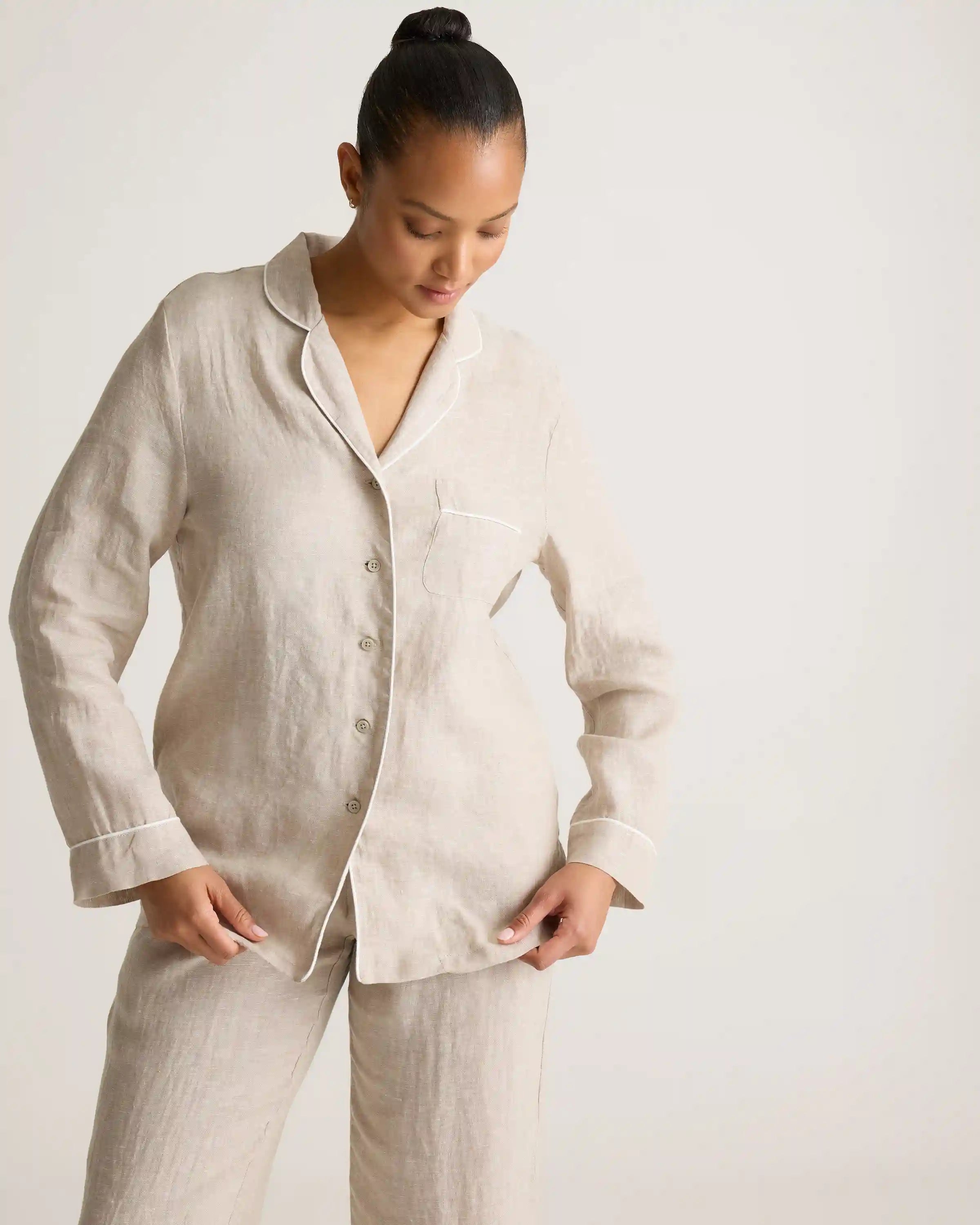 100% European Linen Long Sleeve Pajama Set with Piping