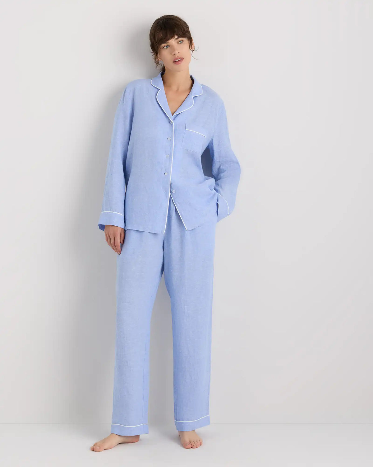 100% European Linen Long Sleeve Pajama Set with Piping