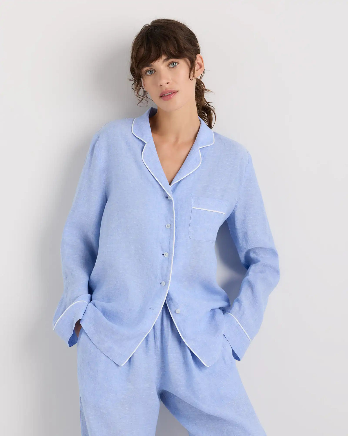 100% European Linen Long Sleeve Pajama Set with Piping