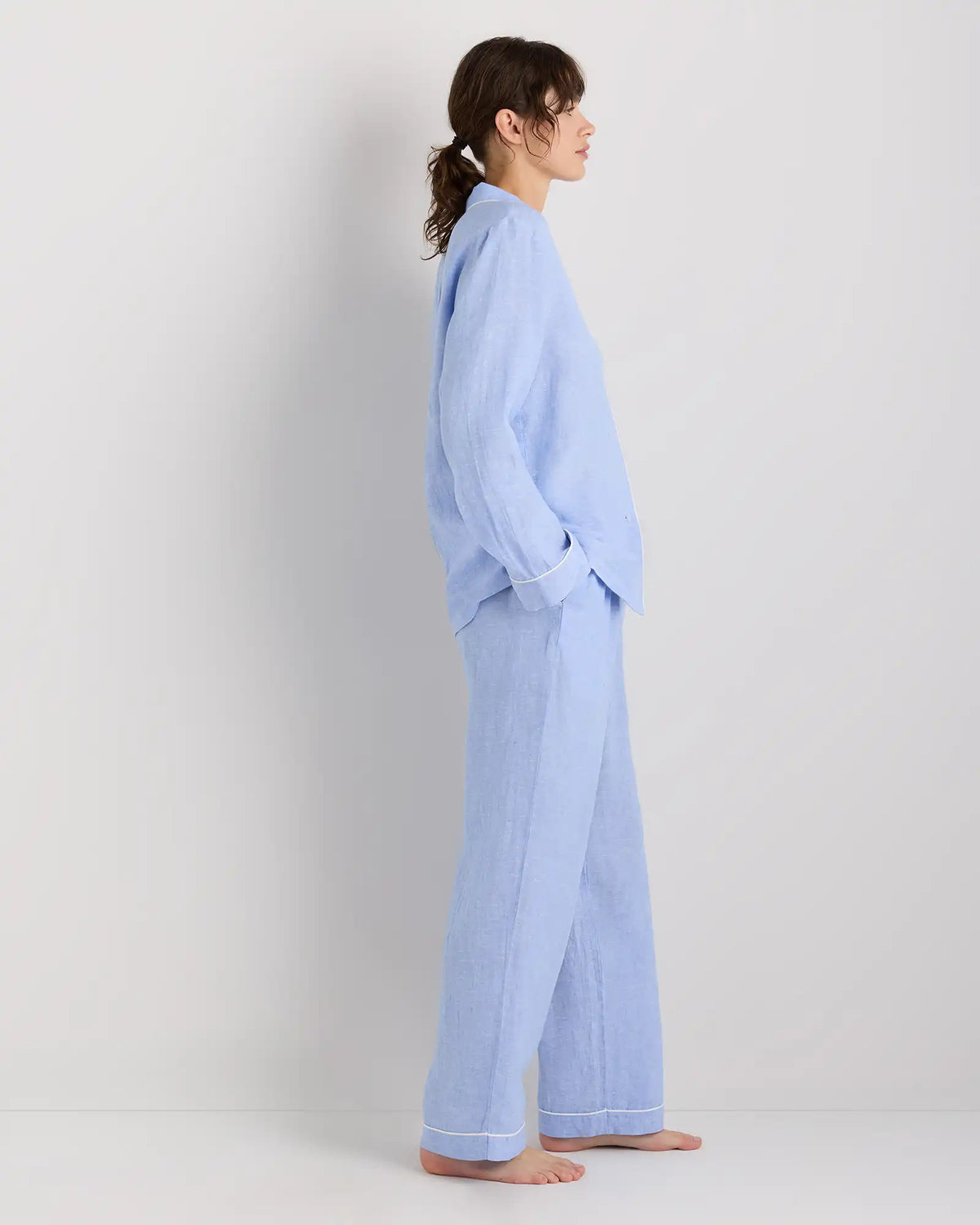 100% European Linen Long Sleeve Pajama Set with Piping