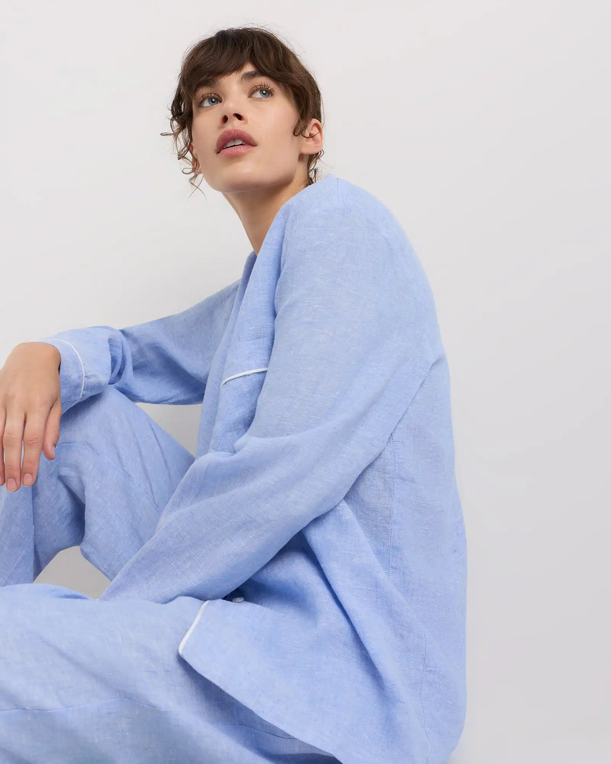 100% European Linen Long Sleeve Pajama Set with Piping